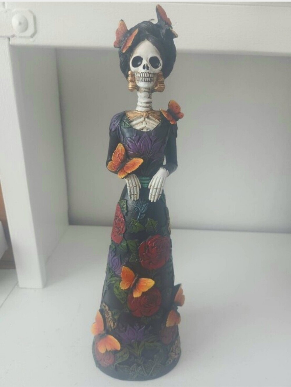 Day of the Dead Skeleton Lady Figurine Black w/ Multicolor Flowers & Butterflys